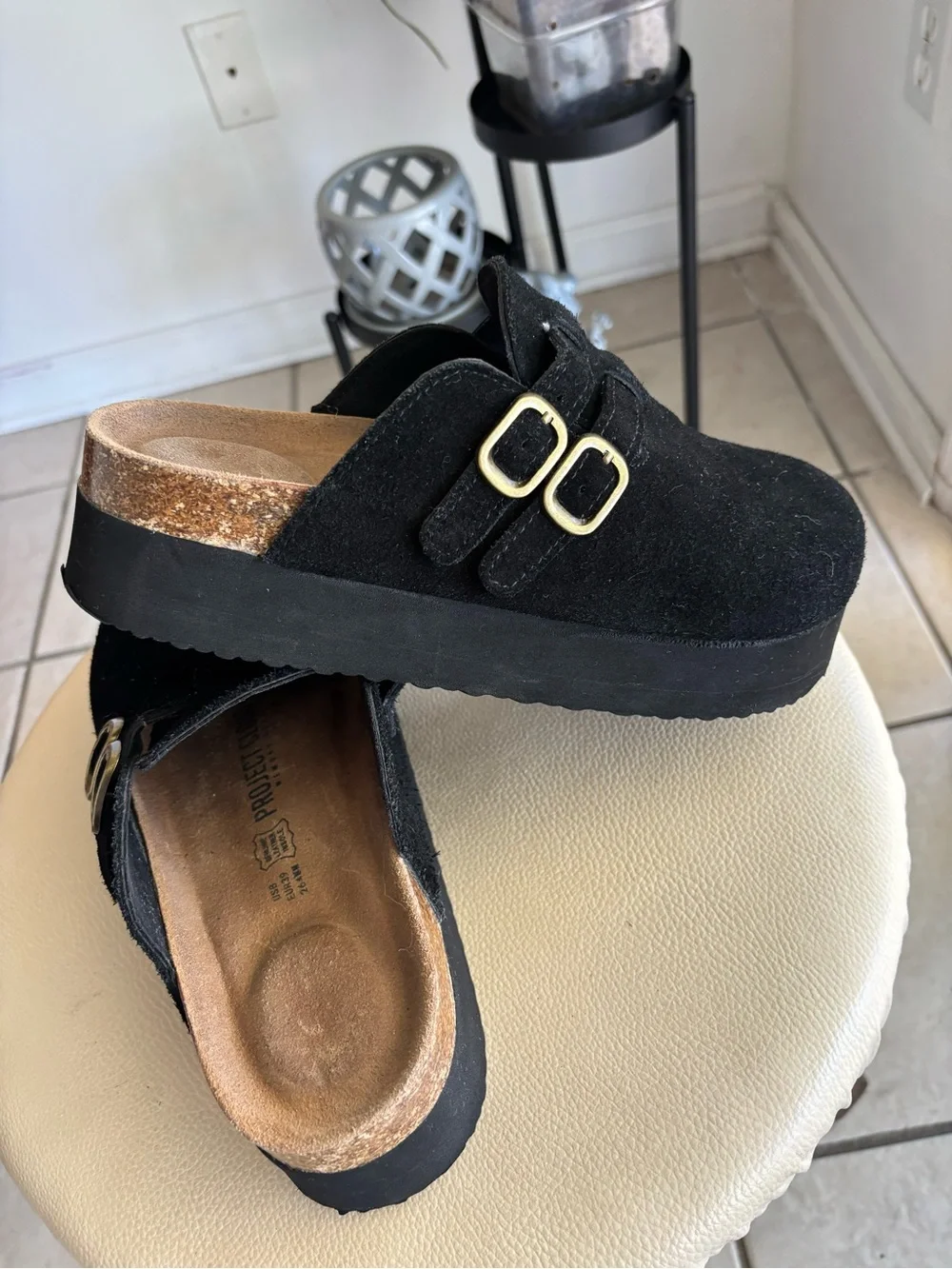 Women Black Suede Slip-On Clog with Dual Gold Buckles